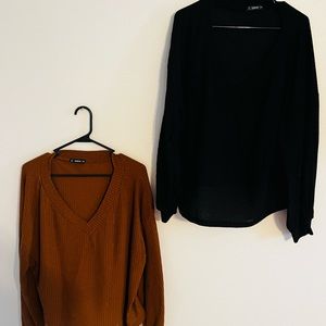 Waffle Knit Drop Shoulder Lantern Sleeve V Neck Sweater - SHEIN 2XL